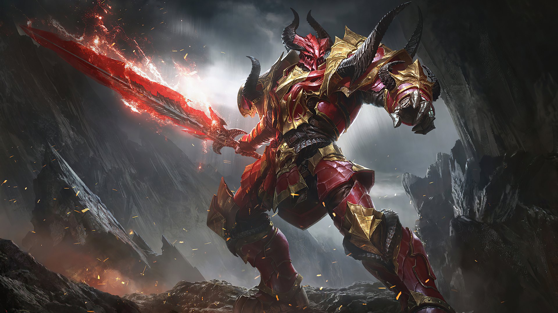 4K Ultra HD PC desktop wallpaper: horned demon fantasy warrior in red-gold spiked armor, wielding a blazing greatsword amid smoky, storm-lashed mountain ruins.