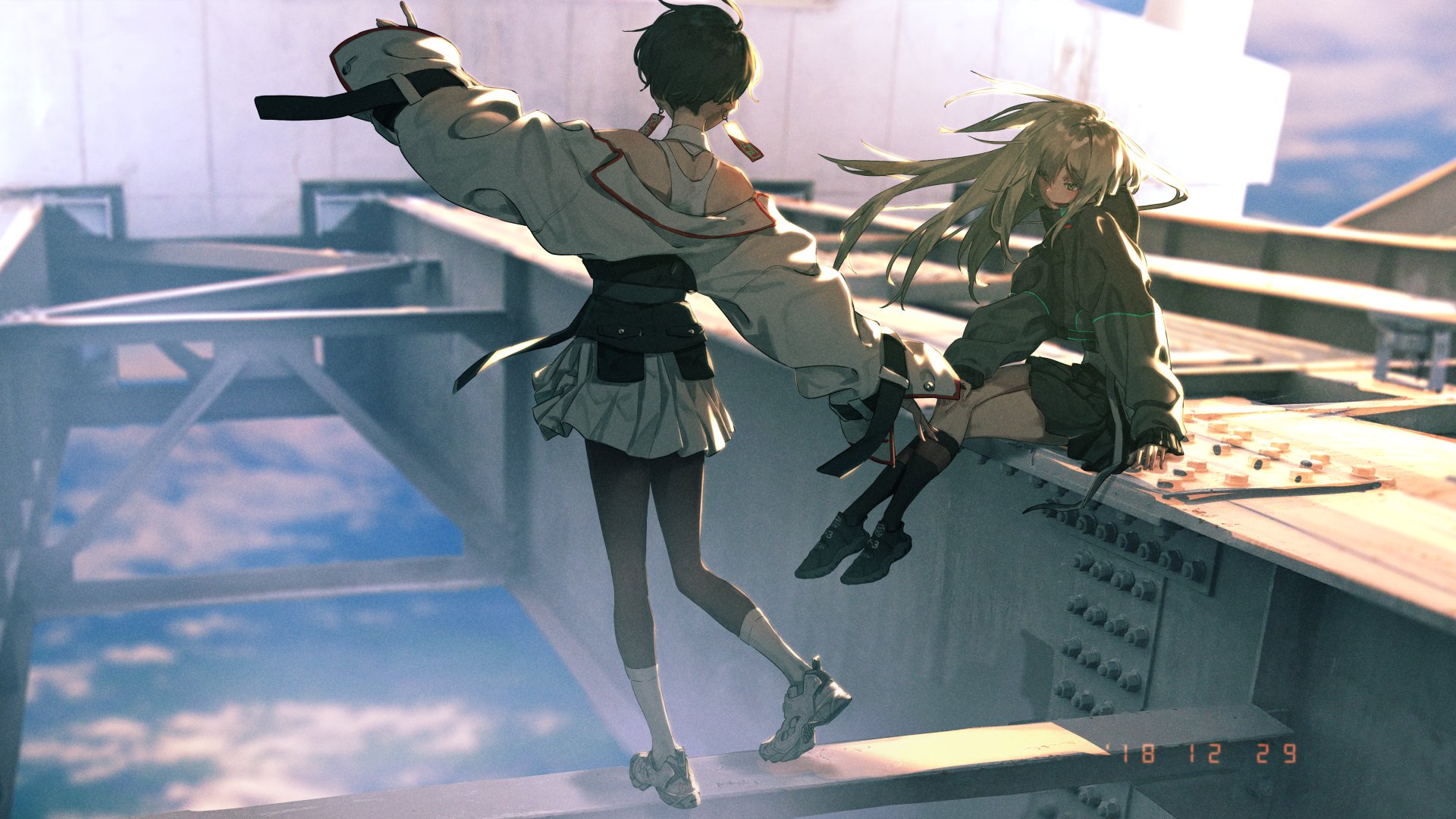 Anime Original 4K Ultra HD PC desktop wallpaper and background: two girls on a high steel platform above clouds, one balancing with arms out, the other seated, hair and coat blown by sunset wind.
