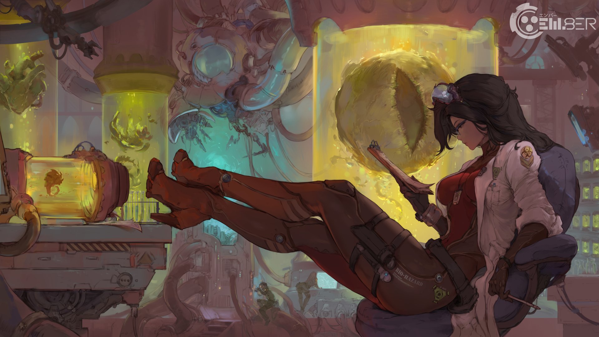 A Sci-Fi laboratory scene features a woman in futuristic attire relaxing with her boots up, surrounded by glowing equipment and scientific devices in 4K Ultra HD detail.