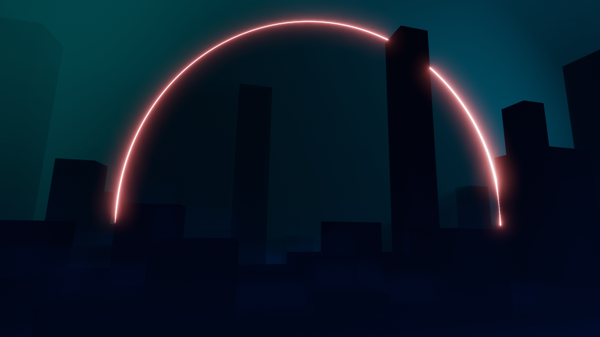 Minimalist Blender 3D artistic city skyline in deep teal and navy with a glowing neon-pink arc over skyscrapers — 4K Ultra HD PC desktop wallpaper.