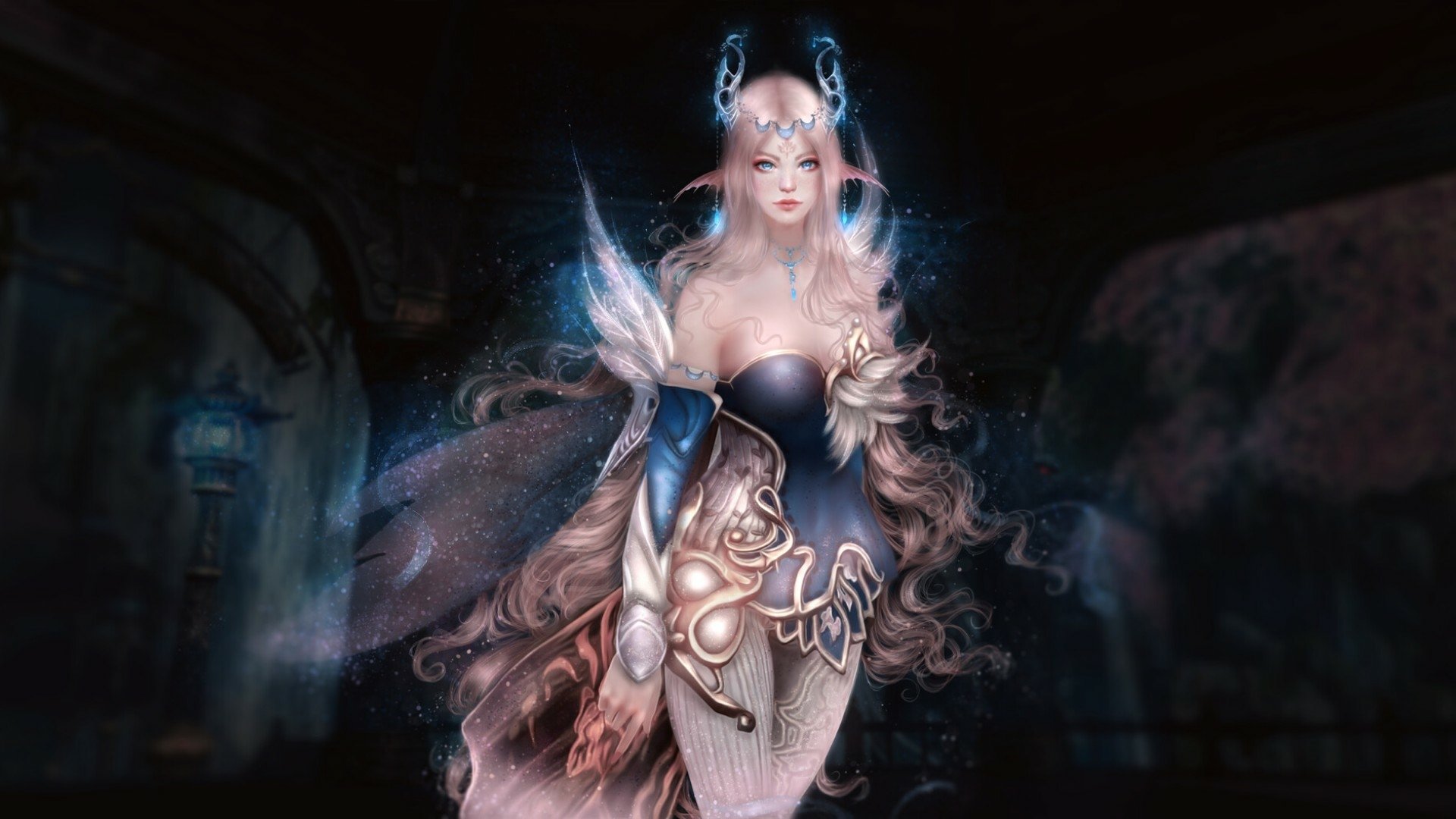 HD PC desktop wallpaper of a fantasy fairy: an ethereal armored figure with glowing blue horns and flowing hair standing in a dark, misty archway.
