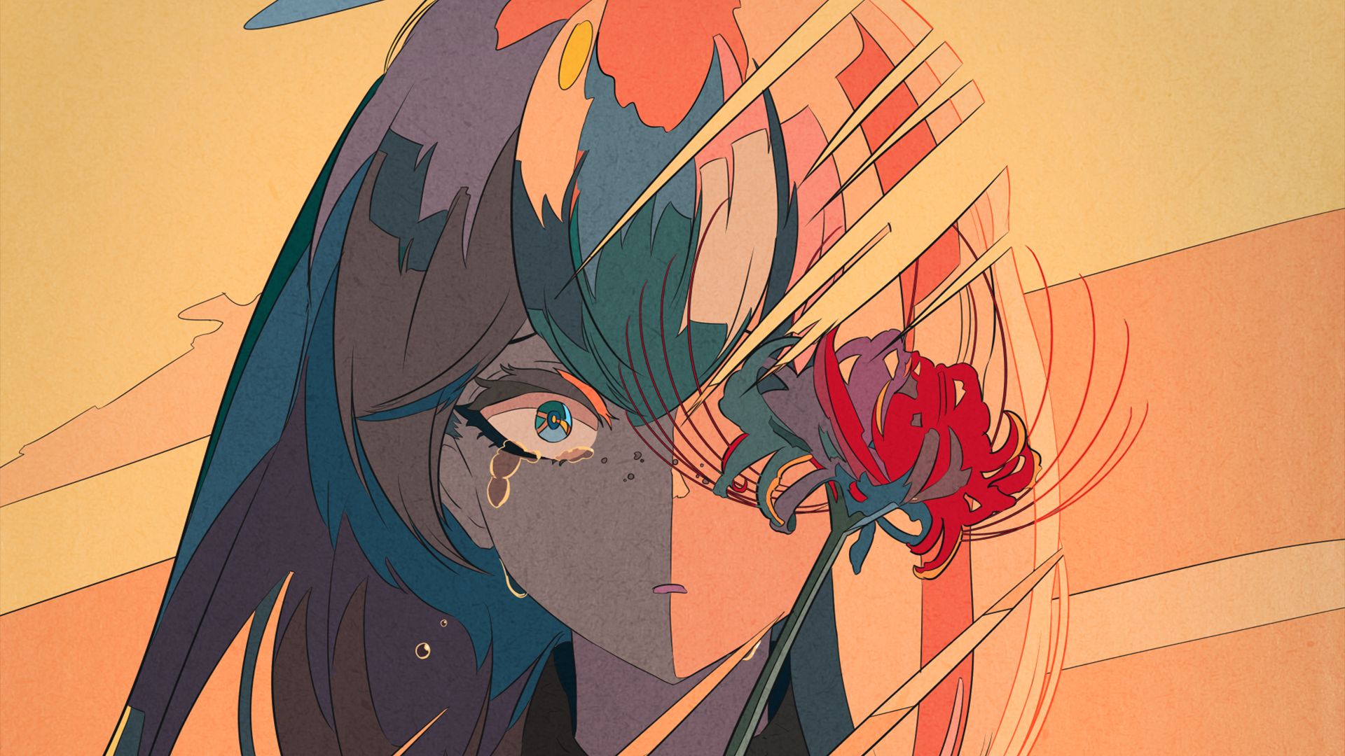 Anime-style original artwork of a character with blue eyes and a red flower, designed as an HD PC desktop wallpaper and background.