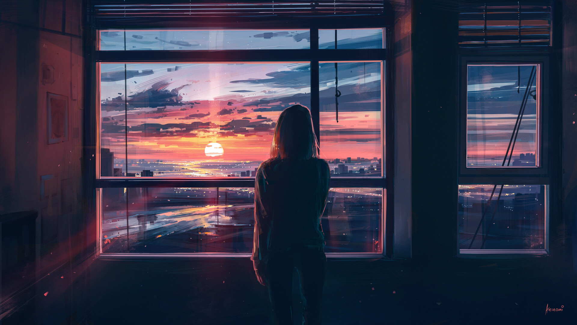 An anime-style HD wallpaper depicts a person silhouetted against a vibrant sunset viewed through a large window, creating a striking and serene scene.