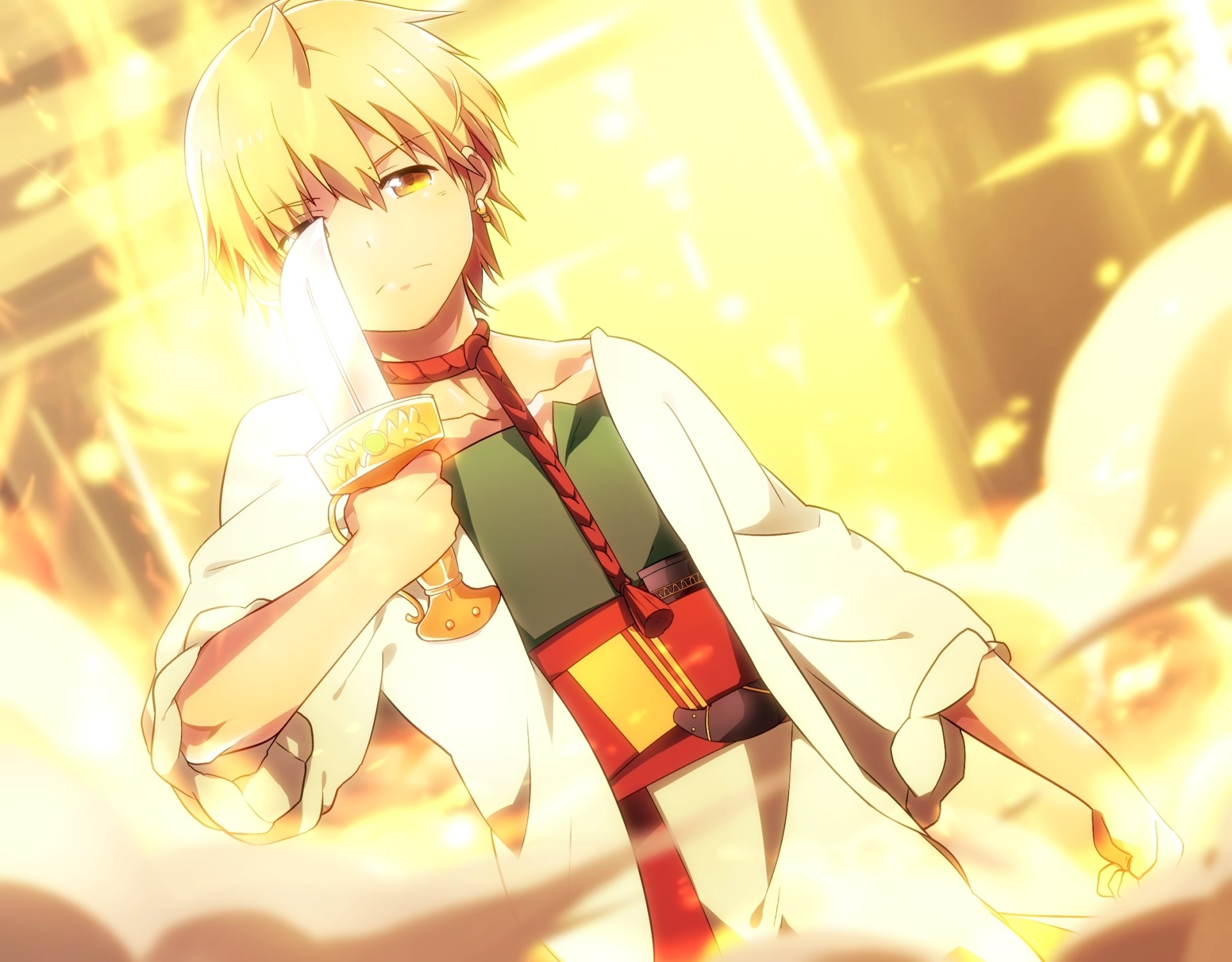 Alibaba Saluja from the anime Magi: The Labyrinth of Magic, bathed in golden light with a white cloak and green tunic, hand raised — HD PC desktop wallpaper and background.