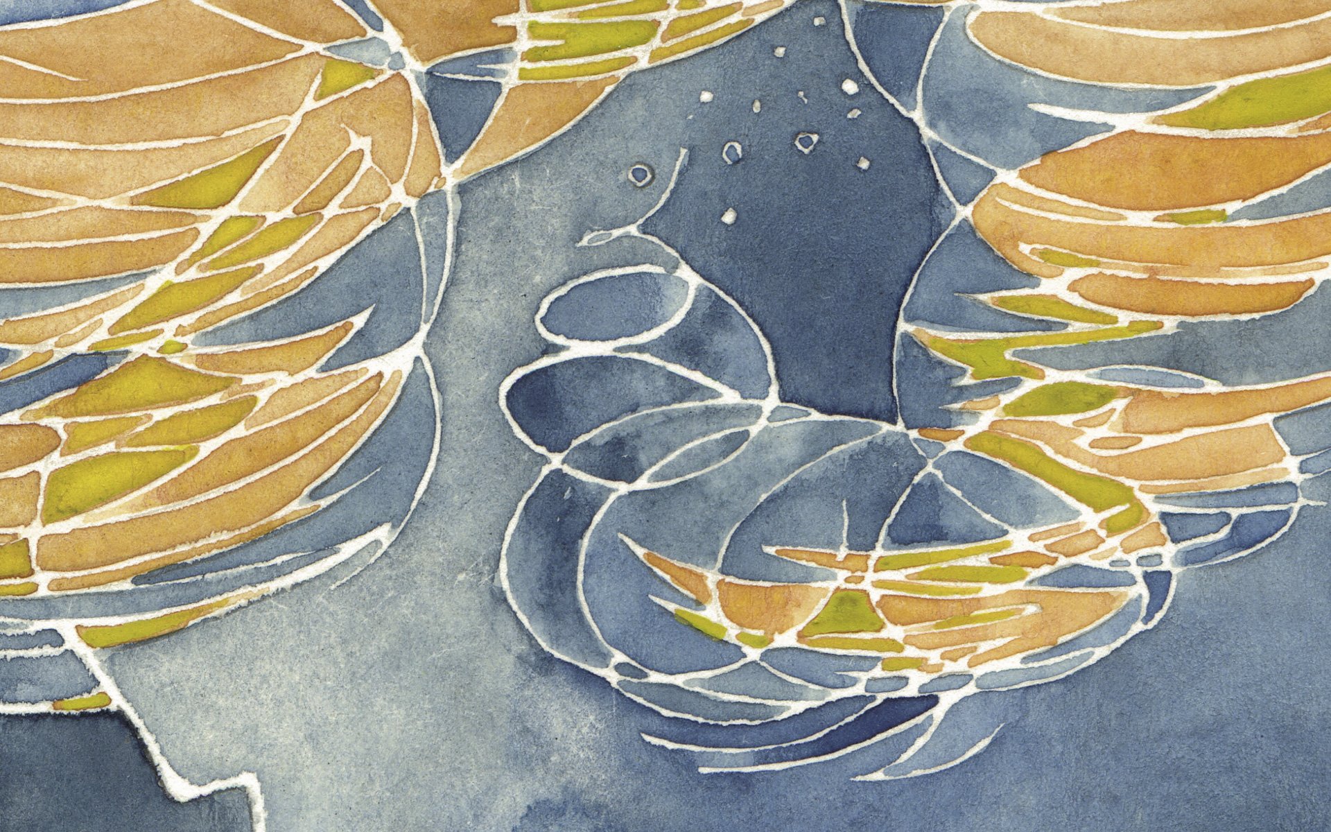 Abstract watercolor artwork featuring swirling gold and white shapes on a muted blue-gray background, designed as an HD PC desktop wallpaper and background.