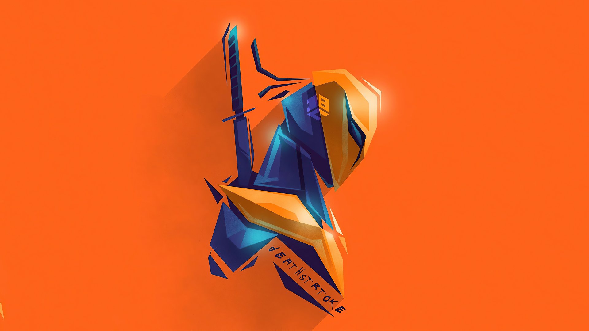 Stylized low-poly Deathstroke bust with sword on a vivid orange field — DC Comics comic 4K Ultra HD PC desktop wallpaper and background.