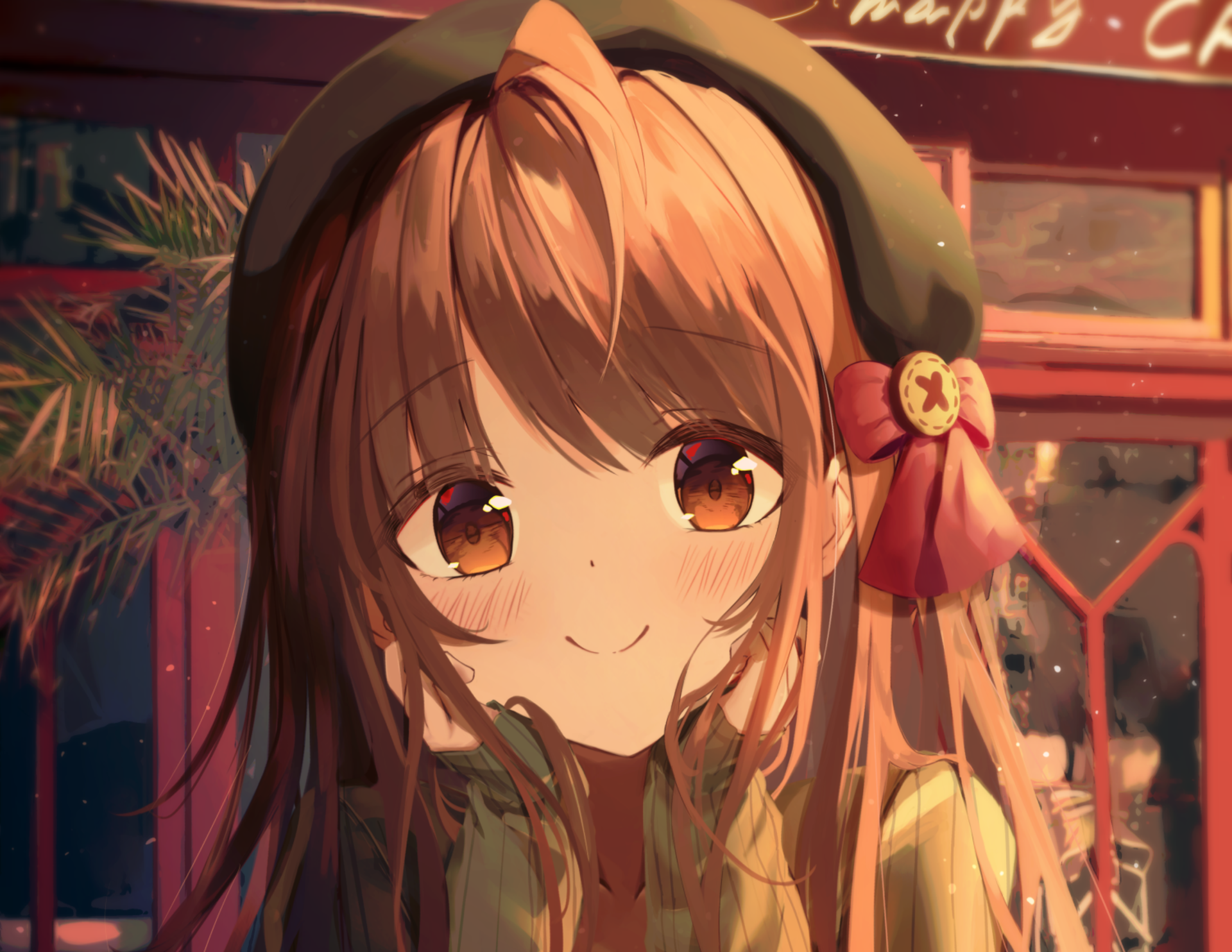 HD PC desktop wallpaper: original anime portrait of a smiling girl with brown hair and brown eyes, wearing a green hat and red ribbon against a warm, cozy indoor background.