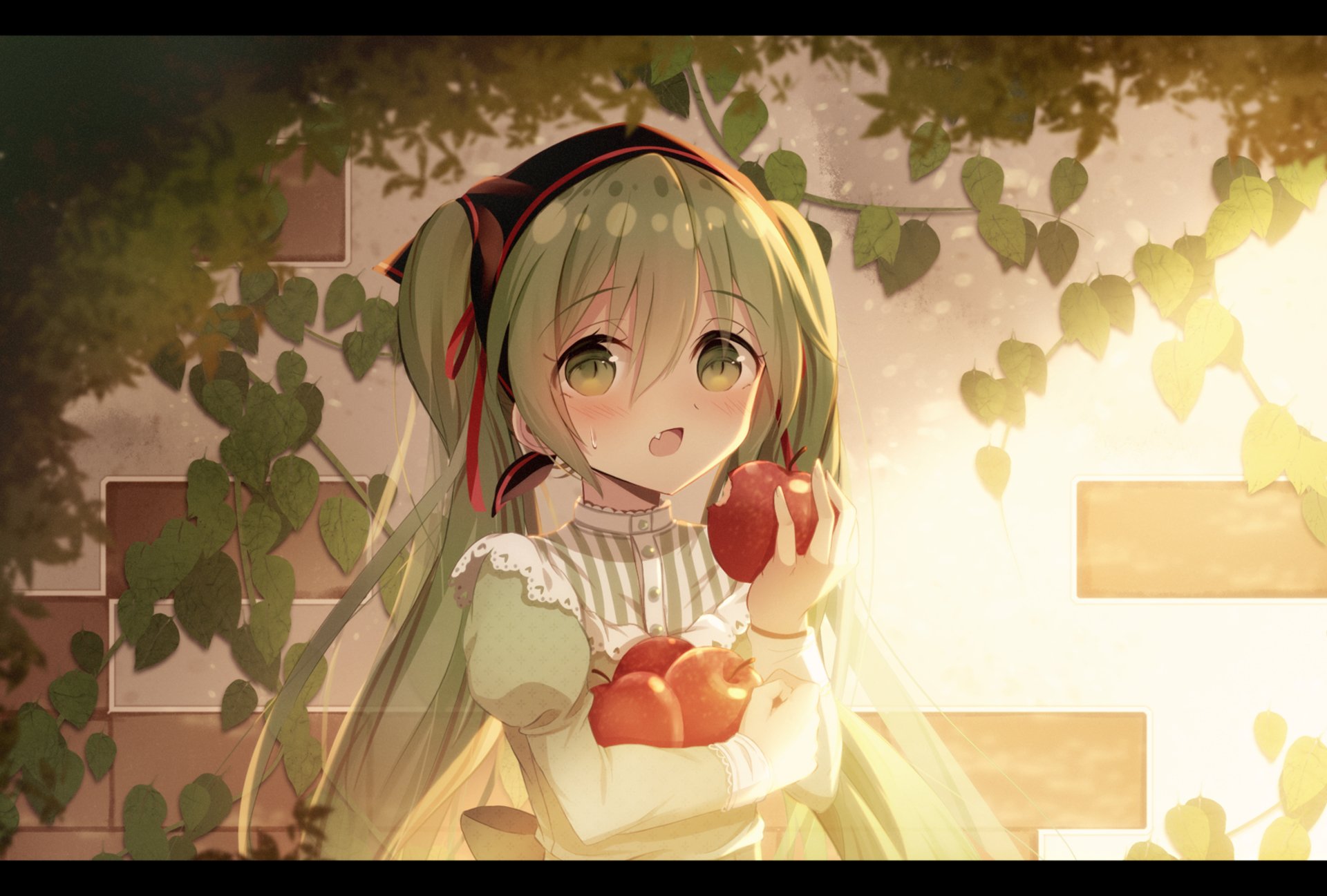 Hatsune Miku anime Vocaloid HD desktop wallpaper: green-haired twin-tailed girl in a frilly dress holding apples beneath sunlit leaves, warm golden bokeh background.