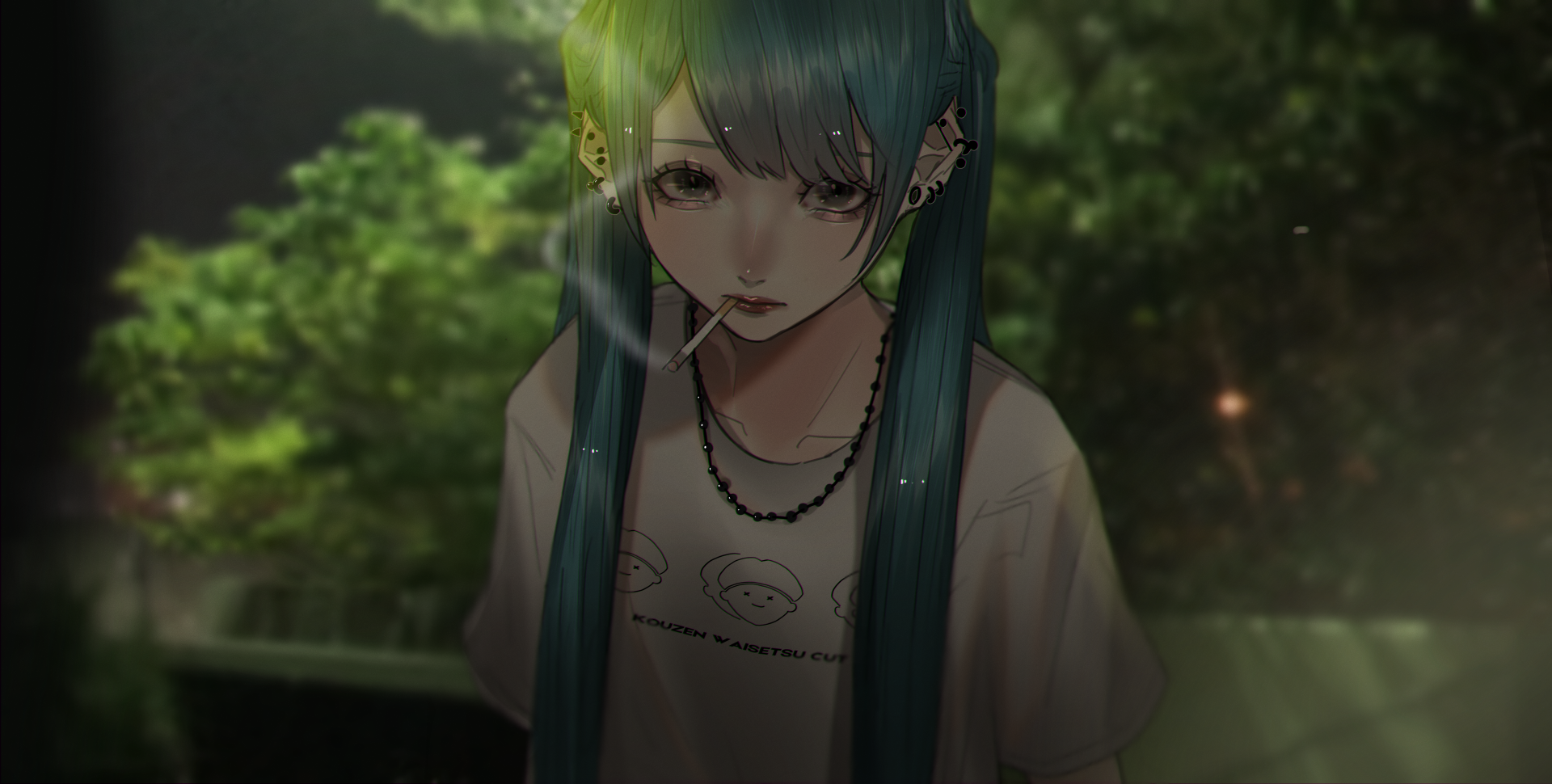 HD desktop wallpaper featuring Hatsune Miku from Vocaloid in an anime art style. Miku, with her signature long blue hair, stands against a nature background, surrounded by serene greenery.
