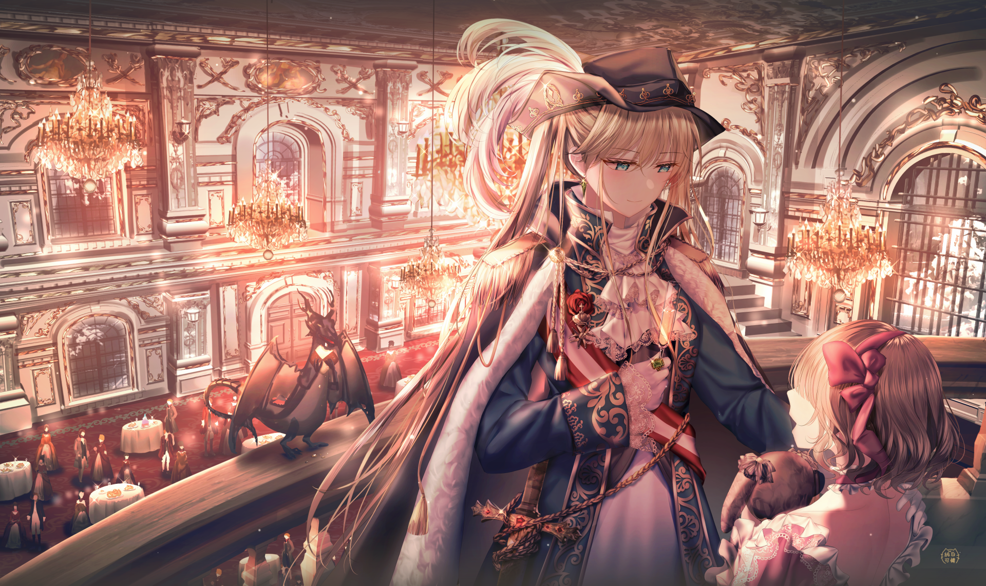 Anime-style blonde with long hair and aqua eyes in an ornate uniform stands in a grand ballroom, accompanied by a dragon, rendered in 4K Ultra HD detail.