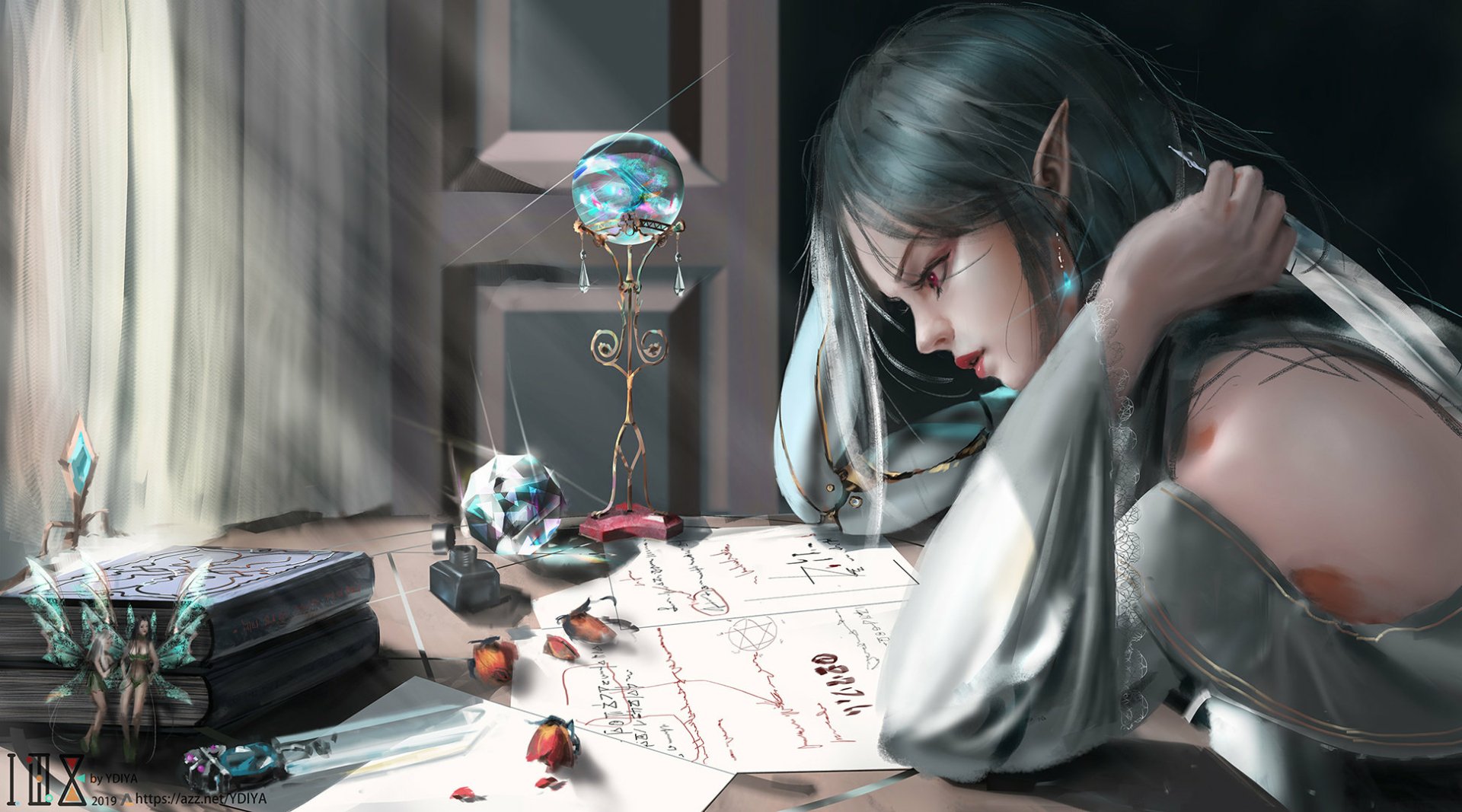 HD PC desktop wallpaper: fantasy elf woman at a desk, studying maps and books beside a crystal orb bathed in soft window light.