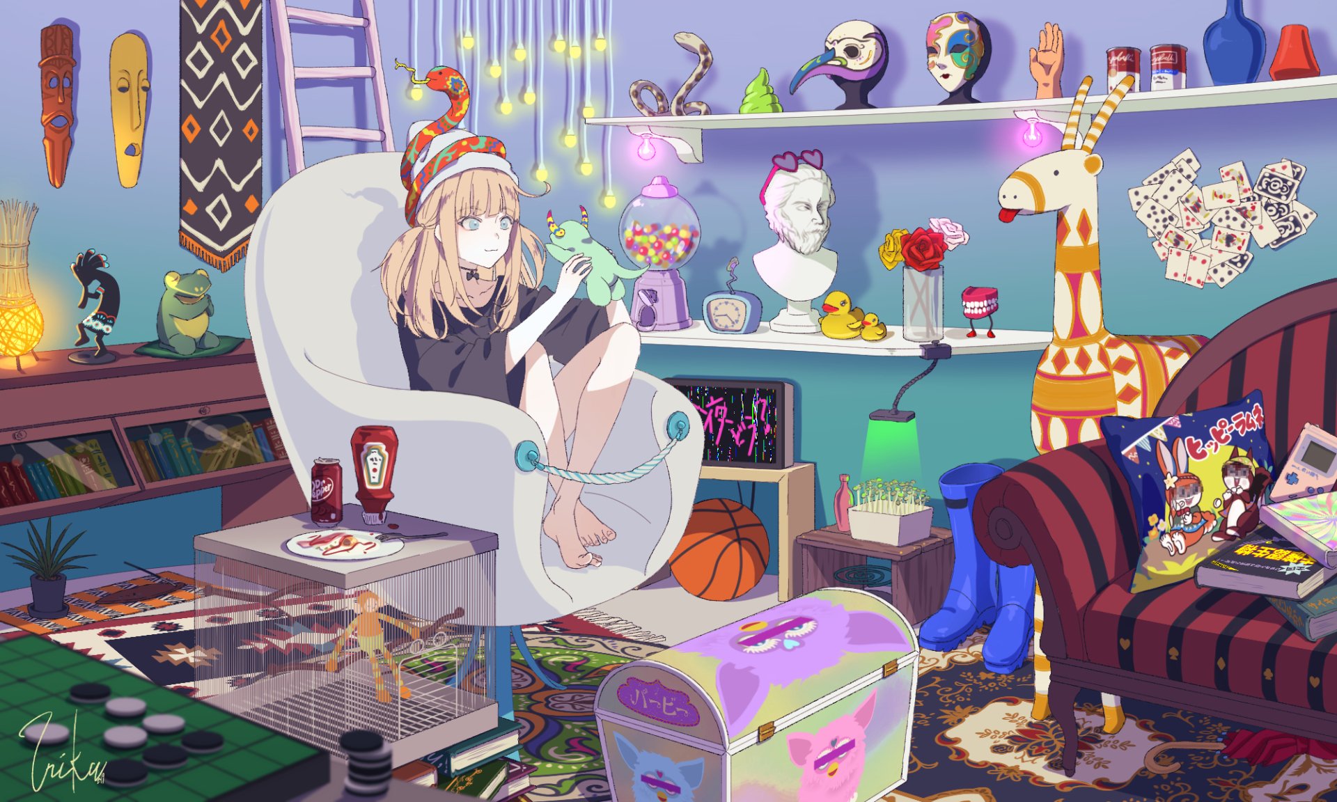 HD anime room desktop wallpaper showing a cozy, colorful space filled with unique decor and a girl sitting on a chair, blending original art and vibrant details.