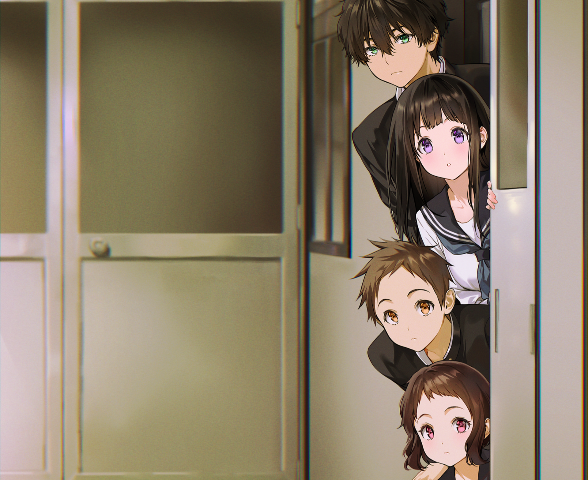 HD anime wallpaper featuring Satoshi Fukube, Mayaka Ibara, Hōtarō Oreki, and Eru Chitanda from Hyouka in school uniforms peeking from behind a door.