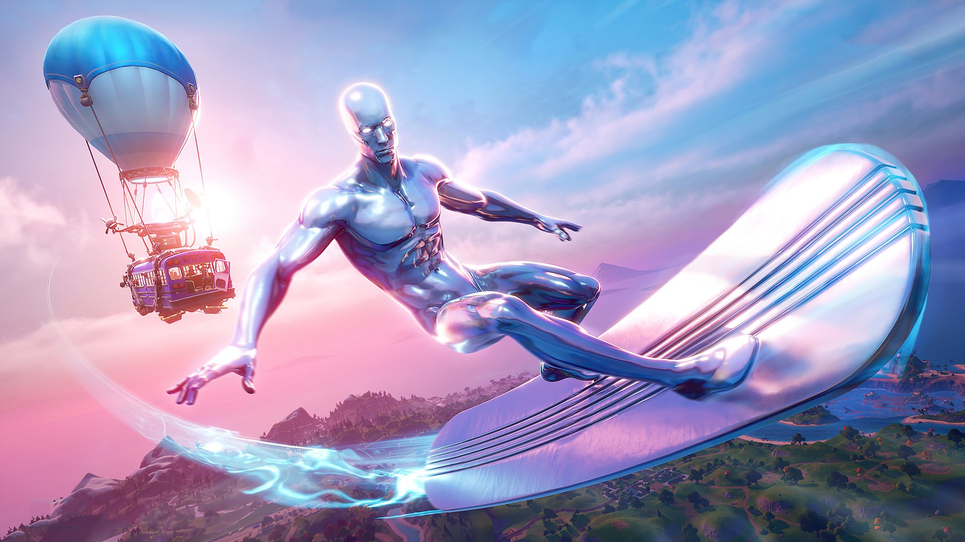 Silver Surfer in Fortnite-style 4K Ultra HD PC desktop wallpaper and background: chrome hero riding a cosmic surfboard over a colorful island at sunset with a floating glider.