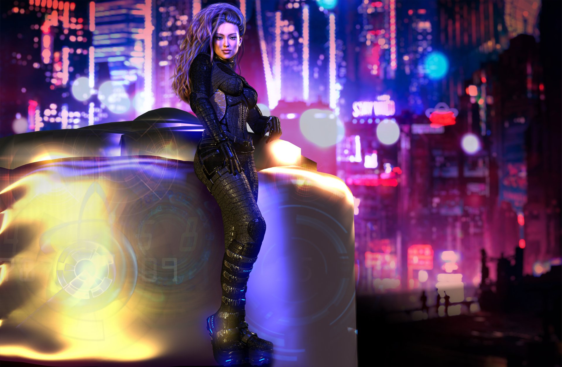 Sci-Fi cyberpunk 4K Ultra HD PC desktop wallpaper: neon metropolis, rain-slick streets, holographic signs, and a leather-clad woman leaning on a sleek futuristic vehicle.