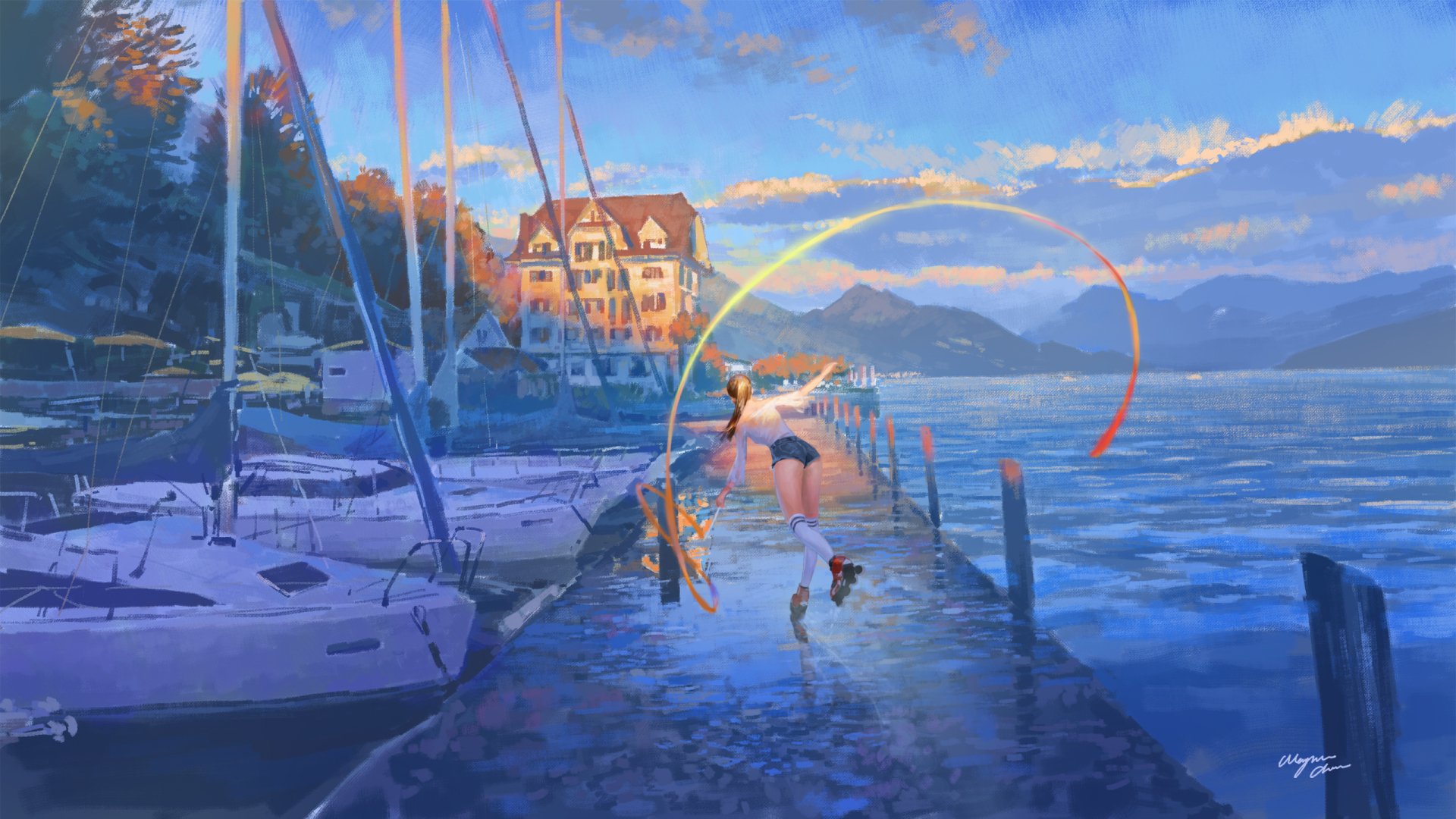 Anime original HD PC desktop wallpaper depicting two girls playing with ribbons on a lakeside dock at sunset, with sailboats and a large house in the background.