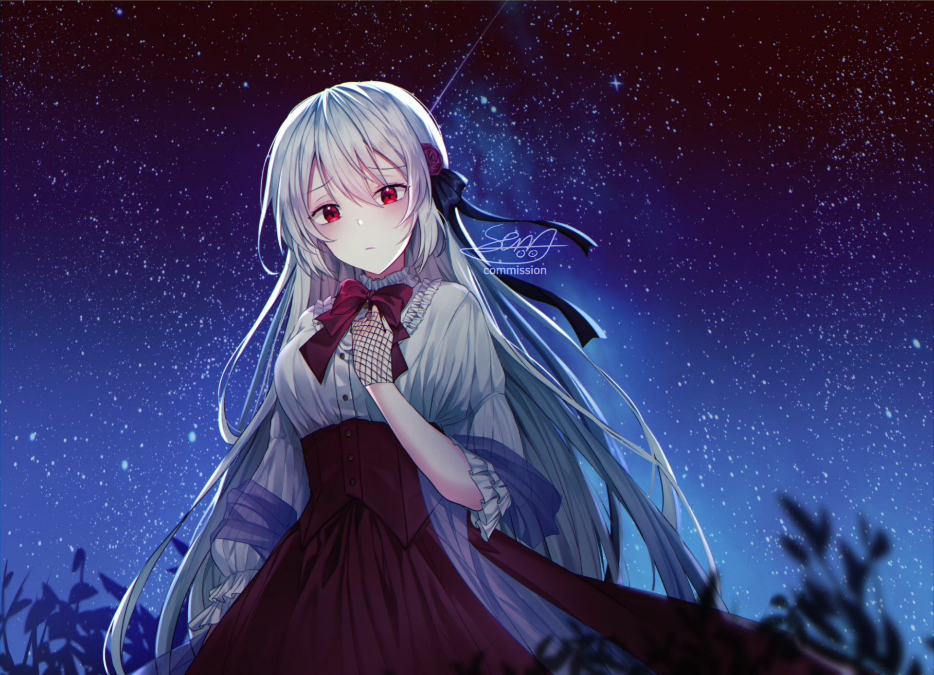 Original anime HD PC desktop wallpaper/background: silver-haired girl with long flowing hair and red eyes in a dark dress stands beneath a star-filled night sky.