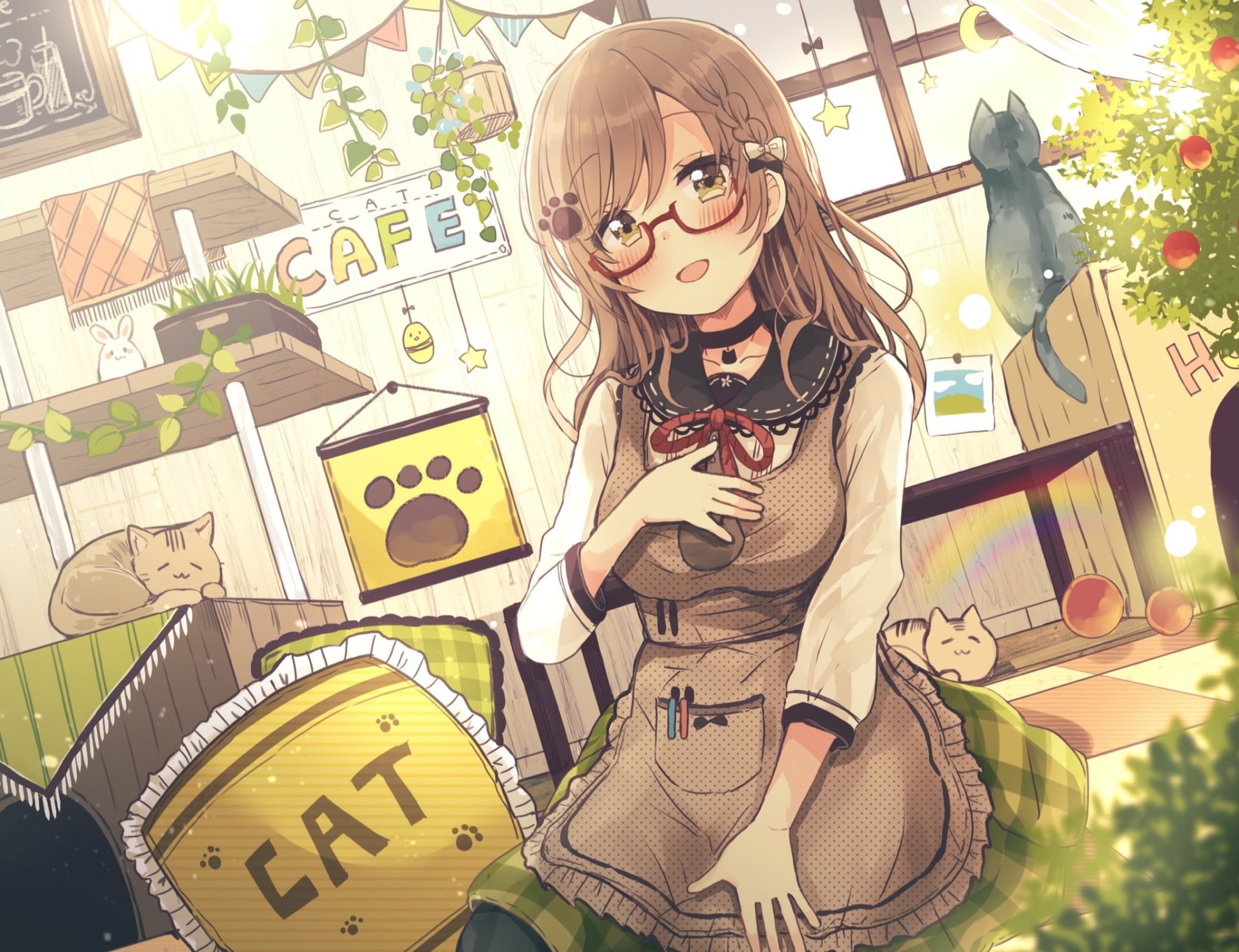 HD PC desktop wallpaper/background: original anime girl in glasses sitting in a cozy cat-themed café, warm sunlight, plants and cats scattered around her.