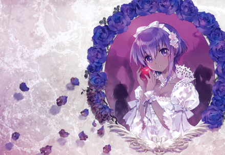 Anime-style Assassin from Fate/Grand Order with short purple hair and striking purple eyes, holding an apple, framed by dark purple roses in a 4K Ultra HD desktop wallpaper.