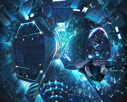 Anime-style pink-haired figure falling through a glowing futuristic cityscape at night, surrounded by towering skyscrapers in a vivid, high-definition scene.