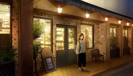 Anime-style night scene of a person standing outside a warmly lit brick storefront, captured in HD for a PC desktop wallpaper and background.