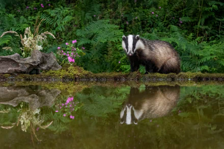 pond reflection flower Animal badger HD Desktop Wallpaper | Background Image