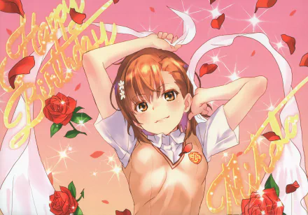 5K Ultra HD PC wallpaper of Mikoto Misaka (A Certain Scientific Railgun): short orange hair, orange eyes, school uniform, surrounded by roses and sparkling ribbons.