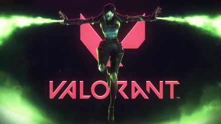 4K Ultra HD Valorant wallpaper featuring Viper emitting green toxic gas with the Valorant logo glowing in pink behind her, set against a dark background.