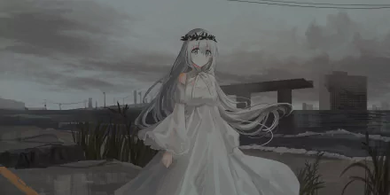 HD anime-style original artwork featuring a serene girl in a flowing white dress and flower crown against a moody, industrial background, designed as a PC desktop wallpaper.
