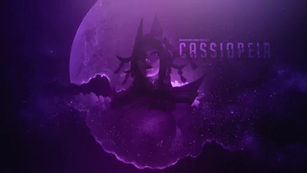 Cassiopeia, from the video game League of Legends, emerges from a purple moonlit nebula with glowing eyes and a serpentine crown — 4K Ultra HD PC desktop wallpaper and background.