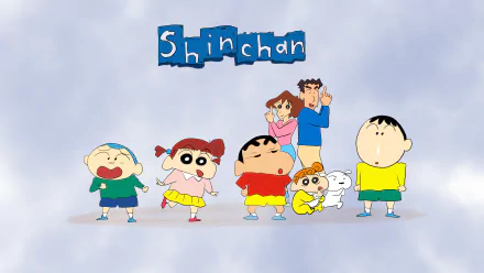 Cartoon-style 4K Ultra HD PC wallpaper featuring Crayon Shin-chan and friends against a soft cloud background with the Shinchan logo above.
