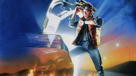 HD desktop wallpaper featuring Michael J. Fox as Marty McFly from the movie Back to the Future, with a dramatic background showing a DeLorean car and lightning effects.
