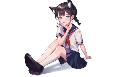Anime-style original character with brown hair, blue eyes, and animal ears, wearing a school uniform skirt, depicted in 4K Ultra HD for a PC desktop wallpaper.