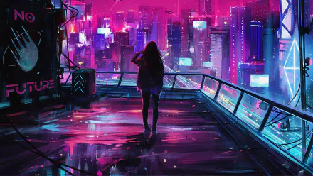 A woman stands on a balcony overlooking a vibrant cyberpunk cityscape, illuminated by colorful neon lights, capturing a futuristic sci-fi atmosphere in stunning 4K Ultra HD.