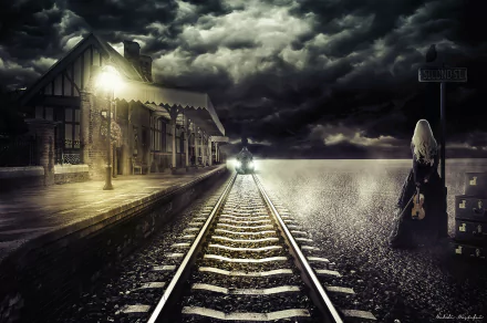 HD desktop wallpaper showing a night scene with a train approaching a dimly lit station under a dramatic cloudy sky.