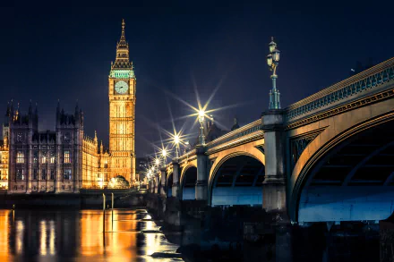 Night view of Big Ben and Westminster Bridge in London, captured as a vibrant HD PC desktop wallpaper background.