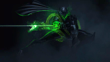 4K Ultra HD PC wallpaper featuring Genji from Overwatch, depicted with glowing green cybernetic elements and a digital dragon swirling around him in a dark, futuristic style.