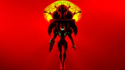 HD PC desktop wallpaper featuring Samus Aran from the Metroid video game series against a vivid red background with a glowing yellow and black element above.