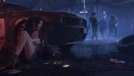 A dramatic scene from the video game Resident Evil features Claire Redfield, seated next to a car, with zombies approaching in a moody, dimly lit environment.