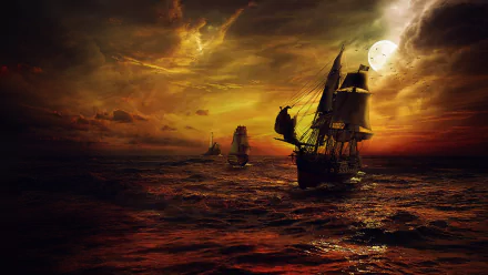 HD desktop wallpaper featuring a pirate ship sailing on the sea at sunset with dramatic clouds and a glowing moon in the background.