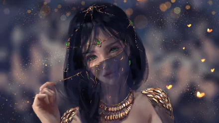 HD desktop wallpaper featuring an enchanting character from GhostBlade adorned in intricate jewelry, holding a delicate veil over her face, set against a softly blurred, glowing background.