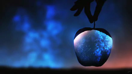 A fantasy-themed 4K Ultra HD wallpaper featuring a glowing apple held against a vibrant, mysterious sky background.