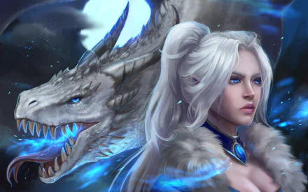 HD fantasy desktop wallpaper featuring a white-haired elf with piercing blue eyes beside a fierce dragon emitting blue flames.