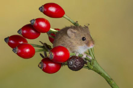 A harvest mouse perched on a branch with bright red rose hips, captured in sharp detail for an HD PC desktop wallpaper background.