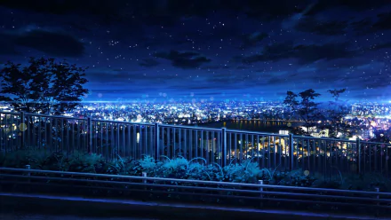 A breathtaking HD anime cityscape at night, featuring a starry sky and glowing city lights, viewed from behind a fence with silhouetted trees and foliage in the foreground.