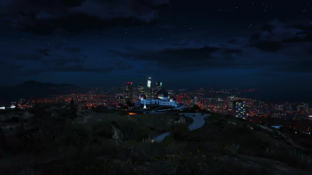 4K Ultra HD PC desktop wallpaper featuring a nighttime cityscape from the video game Grand Theft Auto V, showcasing illuminated buildings under a starry sky.