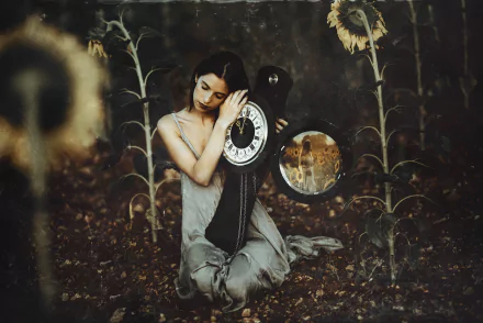 clock mirror sunflower Marta Belda woman mood HD Desktop Wallpaper | Background Image