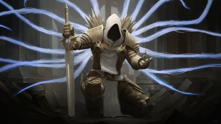 Tyrael (Diablo III) kneeling with glowing ethereal wings and sword, dramatic HD PC desktop wallpaper video game background.