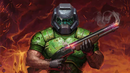 Doom marine in green armor grips a smoking shotgun amid blazing hellfire — intense video game warrior wallpaper, 2K Quad HD PC desktop background.