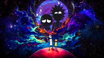HD PC desktop wallpaper featuring characters from the TV show Rick and Morty against a vibrant cosmic background with swirling galaxies and a glowing portal.